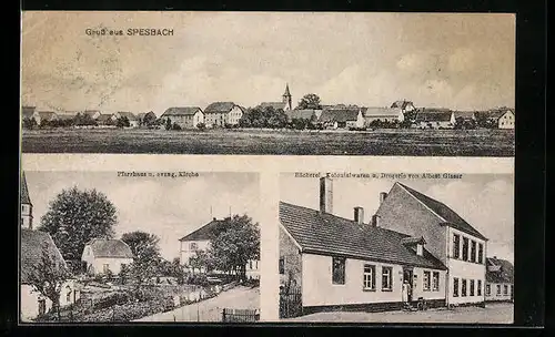 AK Spesbach, Bäckerei & Kolonialwarengeschäft, Pfarrhaus und evangelische Kirche, Teilansicht