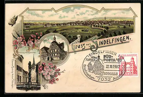 Lithographie Sindelfingen, Altes Rathaus, Herzoh-Ulrich-Brunnen, Panorama