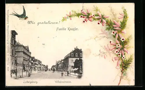 Passepartout-Lithographie Ludwigsburg, Wilhelmstrasse mit Passanten, Fingerhut, Schwalbe, Private Karte Fam. Knupfer