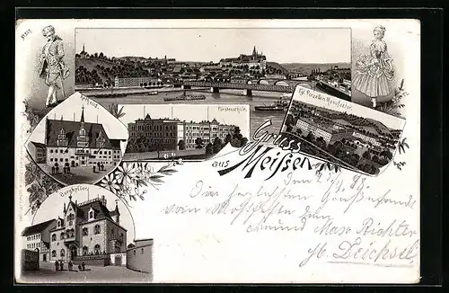 Lithographie Meissen, Restaurant Burgkeller, Fürstenschule, Rathaus, Porzellanmanufaktur, Totalansicht