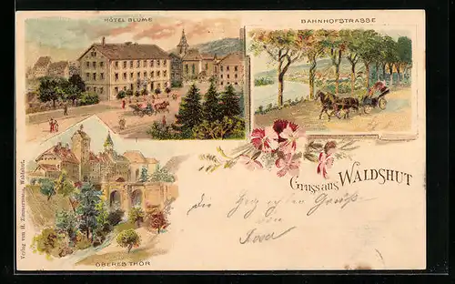 Lithographie Waldshut, Hotel Blume, Oberes Thor, Bahnhofstrasse mit Kutsche und Ortsblick