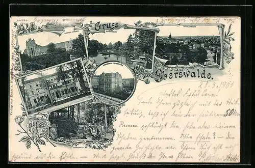 Lithographie Eberswalde, Pensionat Dormeyer, Promenade, Kurhaus Gesundbrunnen, Ortsansicht