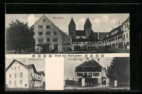 AK Steingaden, Villa Bartning, Krankenhaus und Marktplatz mit Kirche