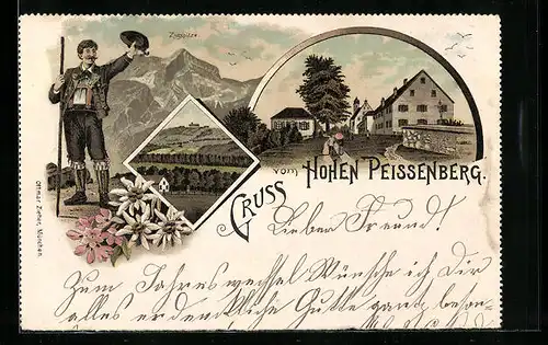 Lithographie Hoher Peissenberg, Ortspartie mit Kirche, Wanderer, Zugspitze