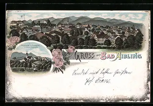 Lithographie Bad Aibling, Pfarrkirche mit Amtsgericht u. Schloss Brandseck, Totalansicht