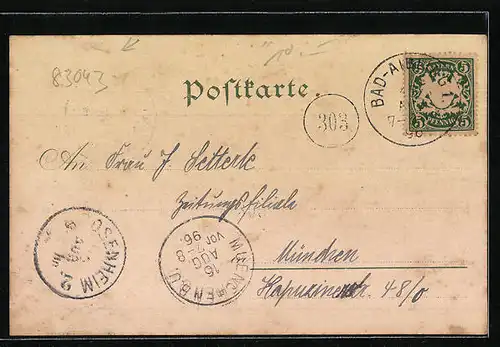 Lithographie Bad Aibling, Pfarrkirche mit Amtsgericht u. Schloss Brandseck, Totalansicht