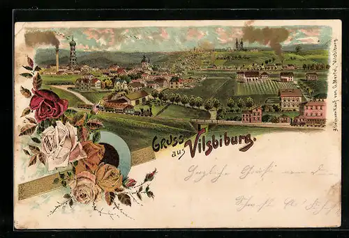 Lithographie Vilsbiburg, Gesamtansicht mit Umgebung aus der Vogelschau, Rosen