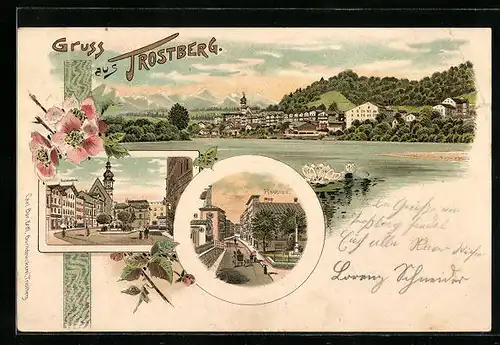 Lithographie Trostberg, Pfaubräu mit Strasse, Ortspartie mit Buchdruckerei, Panorama vom Wasser aus gesehen