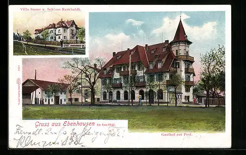 AK Ebenhausen im Isarthal, Gasthaus zur Post, Villa Sauer und Schloss Rambaldi