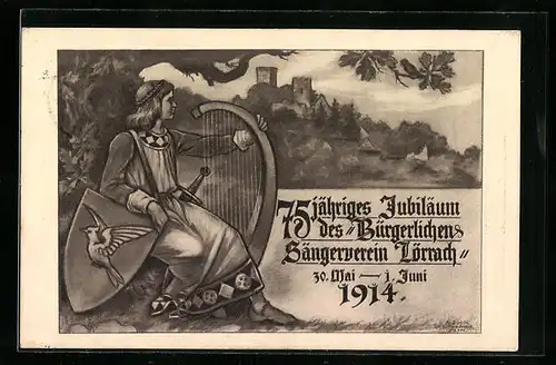 Künstler-AK Lörrach, 75 jähriges Lubiläum des Bürgerlichen Sängerverein Lörrach 1914, Ortspartie und Harfenspieler