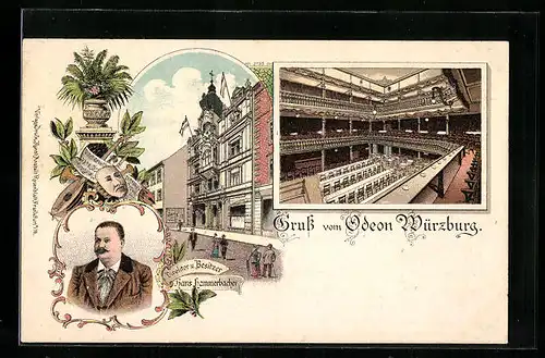 Lithographie Würzburg, Restaurant Odeon von Hans Hammerbacher, Innen- und Aussenansicht