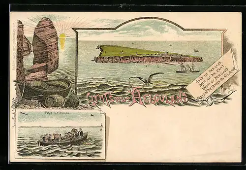 Lithographie Helgoland, Fahrt n. d. Dünen, Gesamtansicht der Insel