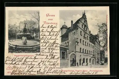 AK Nürnberg, Evangelisches Veiens-Haus Vorderansicht, Burgschmietbrunnen