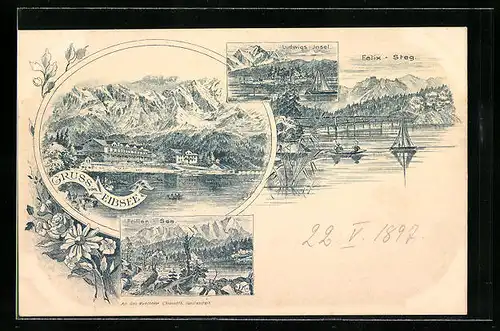 Lithographie Eibsee, Ludwigs-Insel, Felix-Streg, Frillen-See