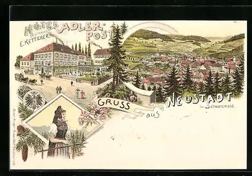 Lithographie Neustadt im Schwarzwald, Hotel Adler-Post, Teilansicht, Frau in Tracht