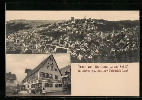 AK Altensteig, Gasthaus zum Schiff F. Lenk, Ortsansicht aus der Vogelschau