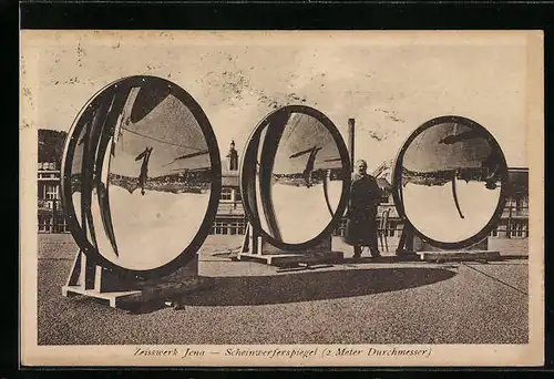 AK Jena, Scheinwerferspiegel der Zeisswerke mit 2 Meter Durchmesser, parabolische Spiegel, optische Täuschung