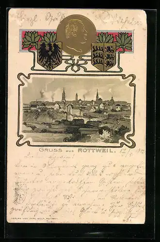 Passepartout-Lithographie Rottweil, Teilansicht, Wappen