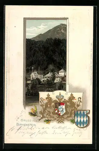 Passepartout-Lithographie Birkenstein, Ortspartie mit Kirche, Goldenes Wappen