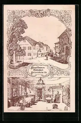 Künstler-AK Geisenheim a. Rh., Gasthaus Kränkel, Innenansicht
