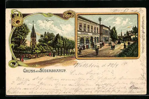 Lithographie Süderbrarup, Kirche, Geschäft C. Franzen