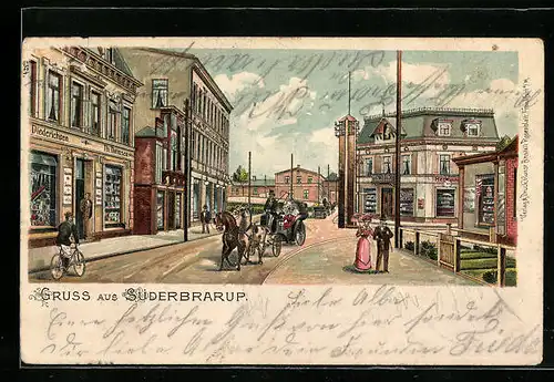 Lithographie Süderbrarup, Ortsansicht mit Kutsche