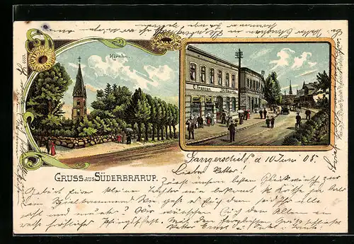 Lithographie Süderbrarup, Kirche, Geschäft C. Franzen