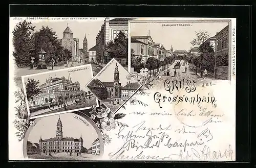 Lithographie Grossenhain, Stadthauptkirche, Postgebäude, Rathaus