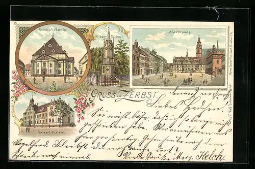Lithographie Zerbst, Marktplatz, Kaiserl. Postamt, Trinitatiskirche