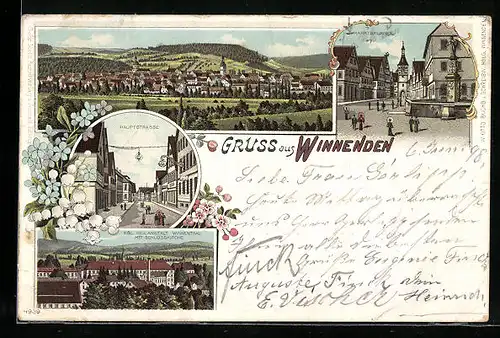 Lithographie Winnenden, Hauptstrasse, Marktbrunnen, Kgl. Heilanstalt