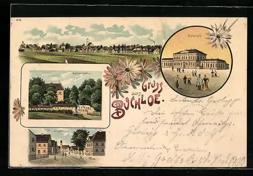 Lithographie Buchloe, Bahnhof, Kellergarten, Marktstrasse