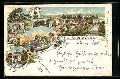 Lithographie Augsburg, Hoch Ablass, Wasserwerk, Schleuse