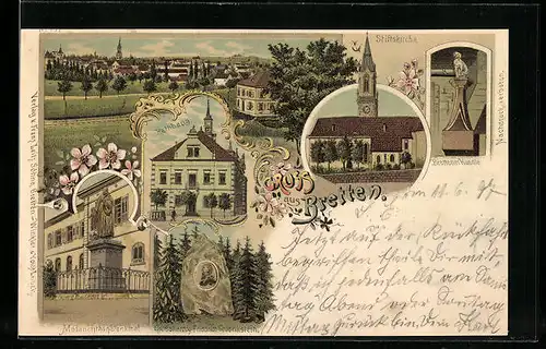 Lithographie Bretten, Stiftskirche, Rathaus, Melanchthon-Denkmal