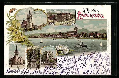 Lithographie Radolfzell, Stadtkirche mit Marktplatz, Neues Schulhaus, Evang. Kirche
