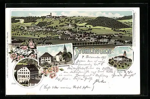 Lithographie Stühlingen, Hotel Adler, Kirche mit Pfarrhof