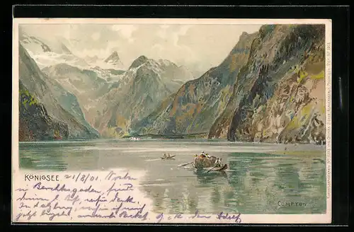 Künstler-AK Edward Theodore Compton: Königsee mit Bootspartie