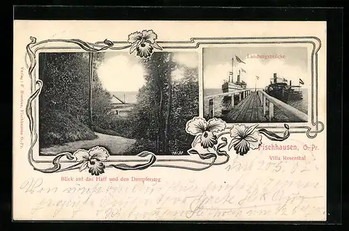 AK Fischhausen, Villa Rosenthal, Dampfer an der Landungsbrücke