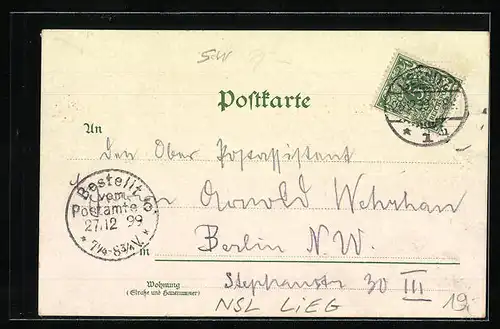 Lithographie Liegnitz, Friedrichsplatz-Passage, Krieger-Denkmal, Totalansicht