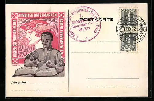Künstler-AK Wien, Erster Österreichischer Arbeiter-Briefmarken-Sammlerverein Wien, Arbeiter mit Briefmarkenalbum