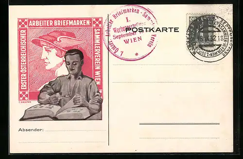 Künstler-AK Wien, Erster Österreichischer Arbeiter-Briefmarken-Sammlerverein Wien, Arbeiter mit Briefmarkenalbum
