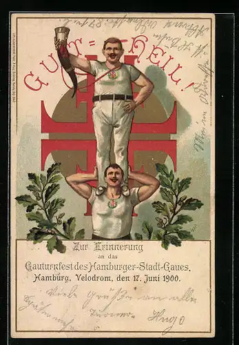 Lithographie Turner mit einem Füllhorn, turnen, Eichenast