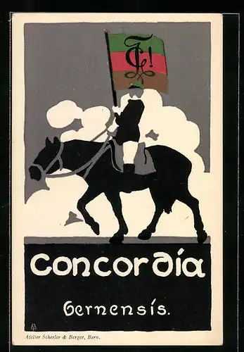 Künstler-AK Bern, Studentenverbindung Concordia Gernensis, Student reitet mit Verbindungsflagge auf einem Pferd