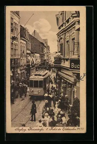 AK Siegburg, Belebte Kaiserstrasse mit Strassenbahn