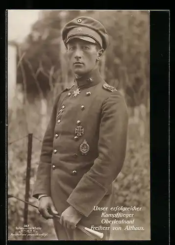 Foto-AK Sanke Nr. 383: Kampfflieger Oberleutnant Ernst Freiherr von Althaus in Uniform mit Pour le merite u. EK I