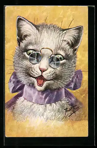 Künstler-AK Arthur Thiele: Kätzchen mit Zwicker und Schleife um den Hals