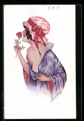 Künstler-AK Xavier Sager: Frau im Morgenmantel riecht an einer Rose