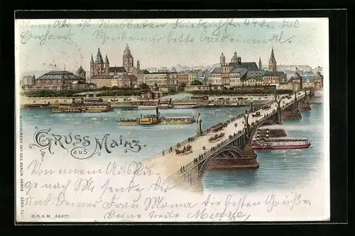 Lithographie Mainz, Blick über den Rhein auf die Stadt, Dampfer, Halt gegen das Licht: beleuchtete Fenster