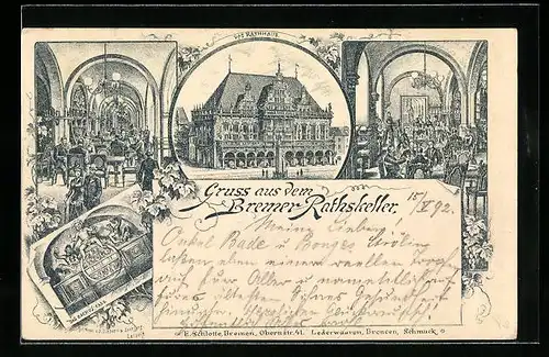 Vorläufer-Lithographie Bremen, 1892, Gasthaus Rathskeller im Rathaus, Innen- und Aussenansichten