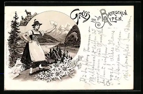 Vorläufer-Lithographie Grüssendes Mädchen in bayerischer Tracht, 1894, Edelweiss und Berglandschaft