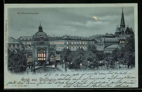 Mondschein-AK Wiesbaden, Kochbrunnenplatz, Halt gegen das Licht: beleuchtete Fenster